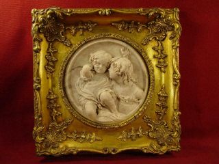 Antique Late 1800s Neoclassical Marble Plaque In Gold Gilt Frame Coin Marked