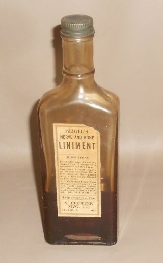 c1920 Antique Quack Medicine Bottle Seigel ' s Nerve and Bone Liniment St Louis MO 2