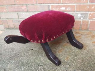 Vintage Turtle Foot Stool Bench Red Velvet Upholstery 16x21.  5x7