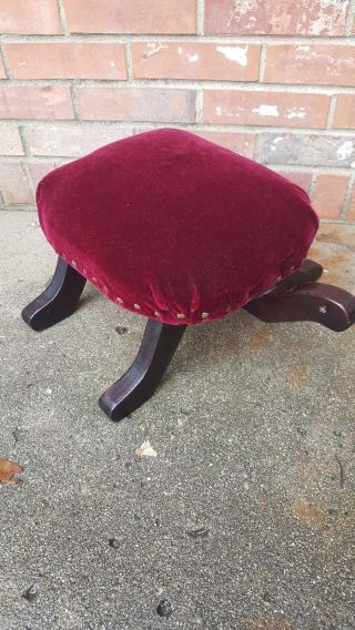 Vintage Turtle Foot Stool Bench Red Velvet Upholstery 16x21.  5x7 3