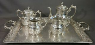 Ca.  1900 Antique Derby Silver Co Tea Service Old Tray Creamer Sugar Pitcher Set