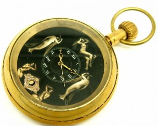 Erotic Victorian Art Pendulum Automaton 17 Jewels Winding Pocket Watch In Brass