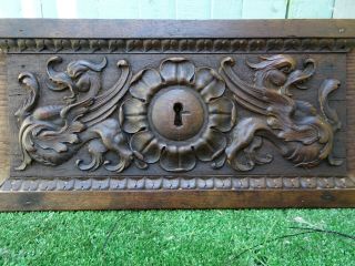 Mid 19thc Gothic Wooden Oak Panel With Winged Gargoyle Figures C1860s