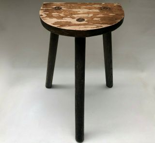 Vintage French Three Legged Wooden Stool With Half Moon Seat & Straight Legs
