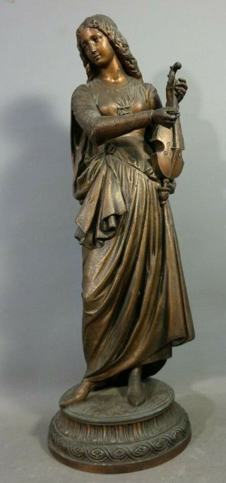 19thc Antique Victorian Era Lady Violin Goddess Old Music Room Sculpture Statue