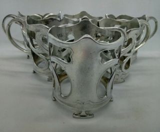 Set Of 6 Art Nouveau Silverplate Tin Tea Glass Holders 1900 Wmf Antique Romanian