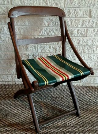 Vintage Wooden Fold Up Camping/outdoor Chair With Striped Canvas Seating