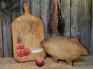 2 Antique Primitive Old Folk Art Wood Cutting Boards Farmhouse Kitchen