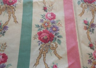 Antique Cottage Roses Stripe Ribbons & Bows Cotton Fabric Pink Lavender Green