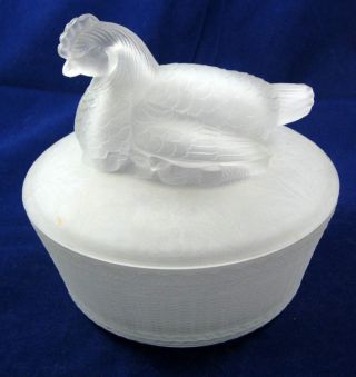 Glass Hen On Nest Covered Dish Quail Pie Round Frosted Camphor C1880 Antique