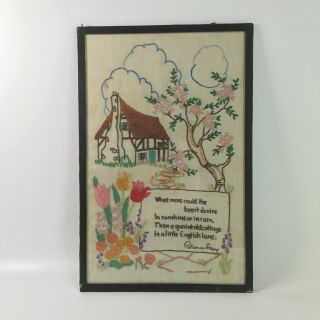 Vintage Framed Hand Embroidered Picture Cottage Garden Patience Strong Poem