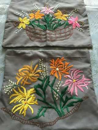 Two Vintage Hand - Embroidered Pillowcases