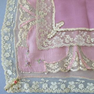 3 Antique French Silk Handkerchiefs Lace Ribbonwork Metallic Threads Wedding,