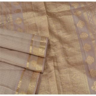 Sanskriti Vintage Cream Saree Pure Silk Zari Woven Craft Fabric Premium 5Yd Sari 3