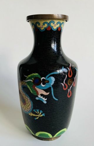 Antique Chinese Cloisonne Enameled Small Vase,  Two Dragons & A Ball Of Fire
