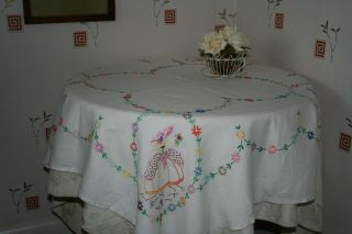 Stunning Vintage 40 " Square Linen Tablecloth Crinoline Ladies & Floral Trails.