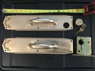 VTG Yale Brass Door Handle Hardware pull Plate 15x 3 1/2 &lock,  key 2