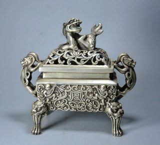 Collect Old Tibet Silver Carved Kylin & Dragon & Fairchild Noble Incense Burner