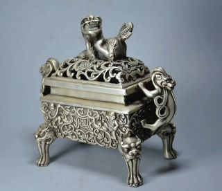 Collect Old Tibet Silver Carved Kylin & Dragon & Fairchild Noble Incense Burner 2
