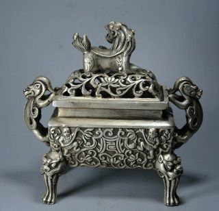 Collect Old Tibet Silver Carved Kylin & Dragon & Fairchild Noble Incense Burner 5