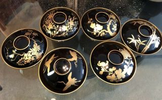 Japanese Lacquer Bowl Vtg 12 Pc Set Black And Gold Miso Soup Rice