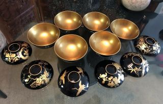 Japanese Lacquer Bowl Vtg 12 pc Set Black And Gold Miso Soup Rice 2