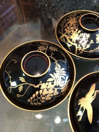 Japanese Lacquer Bowl Vtg 12 pc Set Black And Gold Miso Soup Rice 4