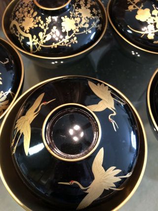 Japanese Lacquer Bowl Vtg 12 pc Set Black And Gold Miso Soup Rice 5