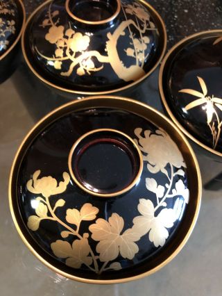 Japanese Lacquer Bowl Vtg 12 pc Set Black And Gold Miso Soup Rice 6