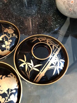 Japanese Lacquer Bowl Vtg 12 pc Set Black And Gold Miso Soup Rice 7