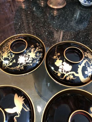 Japanese Lacquer Bowl Vtg 12 pc Set Black And Gold Miso Soup Rice 8