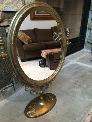 Vintage Art Deco Brass Table Top Or Dresser Swivel Vanity Lady Mirror Swivel