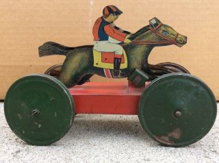 Vintage Tin Toy Marx Tin Litho Jockey On Horse Racing,  Pull Toy,  Penny Toy