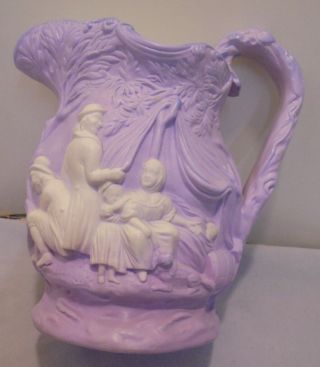 S.  Alcock & Co Pitcher 1840s Lavender,  Relief Witch & Gypsy Camp 7 " Tall Vintage