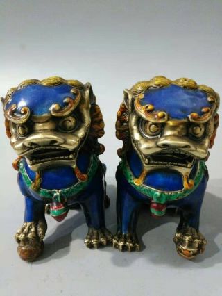 A Pair Old Chinese Cloisonne Copper Lion Foo Dog Statue