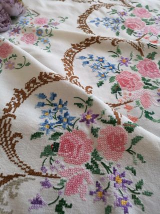 EXQUISITE VTG HAND EMBROIDERED LINEN LACE TABLECLOTH PINK PEONY ROSES 2