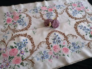 EXQUISITE VTG HAND EMBROIDERED LINEN LACE TABLECLOTH PINK PEONY ROSES 3