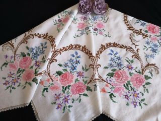 EXQUISITE VTG HAND EMBROIDERED LINEN LACE TABLECLOTH PINK PEONY ROSES 4