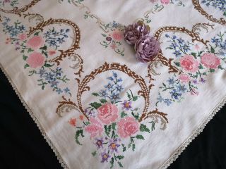 EXQUISITE VTG HAND EMBROIDERED LINEN LACE TABLECLOTH PINK PEONY ROSES 5