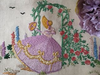 Exquisite Vtg Hand Embroidered Linen Picture Panel Crinoline Lady Garden