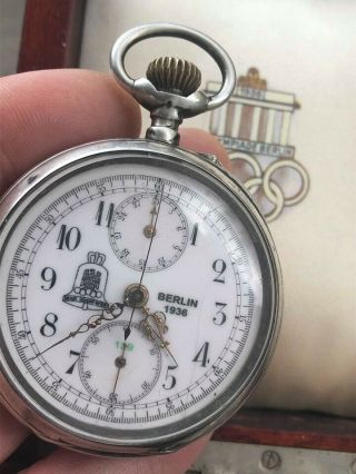 Ww2 German Olympic Games Berlin 1936 Olympia Chronograph Silver Pocket Watch Box