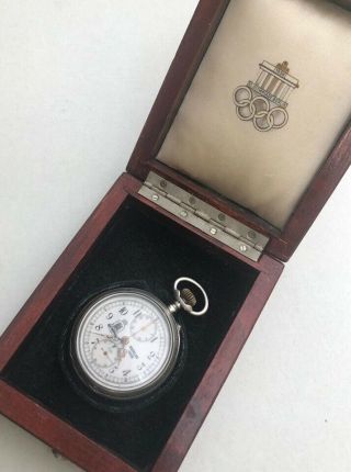 WW2 German Olympic Games Berlin 1936 Olympia Chronograph Silver Pocket Watch Box 6