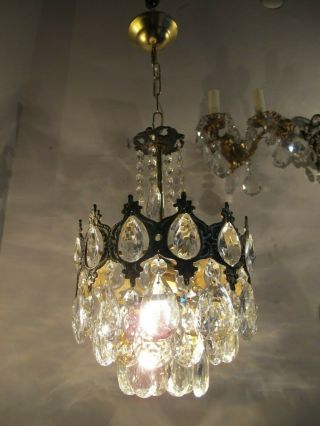 Antique Vintage French Basket Style Mini Crystal Chandelier Lamp 1940s 9 In Dmtr