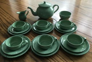 Vintage Graniteware Enamelware Childs Tea Set Light Green Speckled Antique