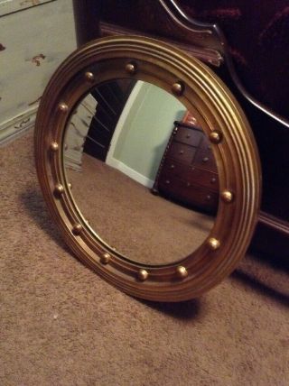 Carved wood convex porthole mirror gilt Federal Victorian bulls eye Vintage 23 