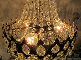 Antique Vnt French BIG Basket Crystal Chandelier Lamp Lustre 1940 ' s 16in Ø dmtr, 4