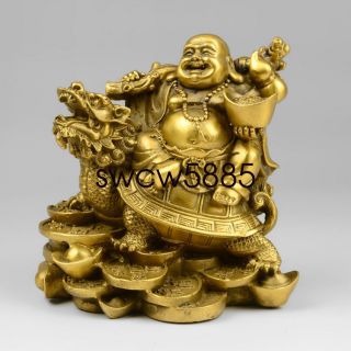 Old Chinese Copper Money Happy Laugh Maitreya Buddha On Dragon Turtle Statue Ntr