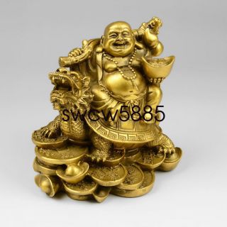 Old Chinese Copper Money Happy Laugh Maitreya Buddha On Dragon Turtle Statue NTR 2
