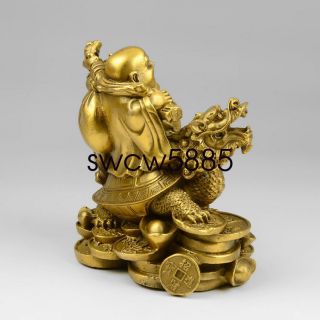 Old Chinese Copper Money Happy Laugh Maitreya Buddha On Dragon Turtle Statue NTR 3