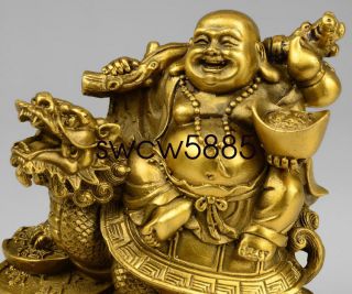 Old Chinese Copper Money Happy Laugh Maitreya Buddha On Dragon Turtle Statue NTR 6